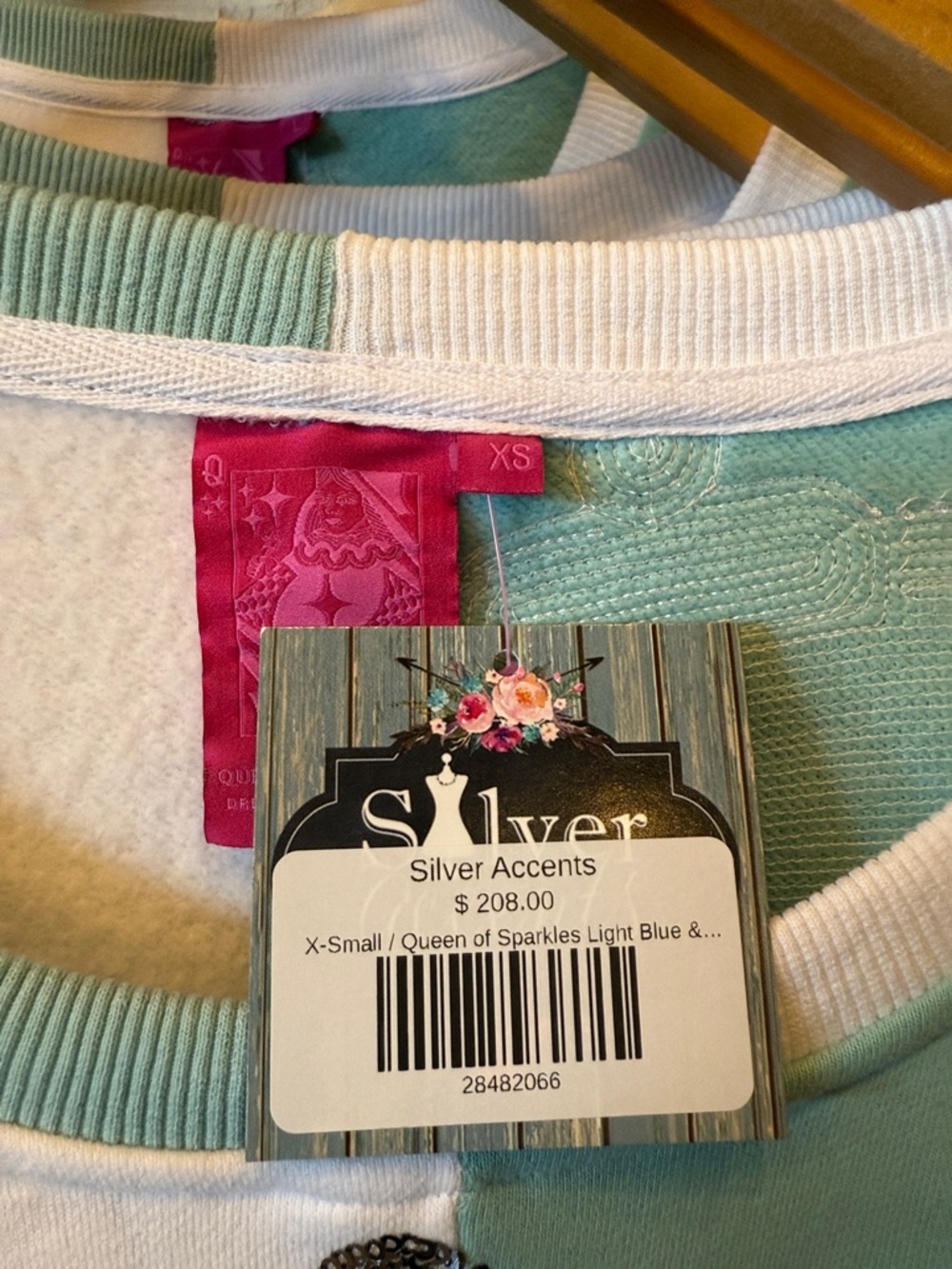 QUEEN OF SPARKLES Light Blue & White Checkered Medical Instrument Sweatshirt - Picture 2 of 3